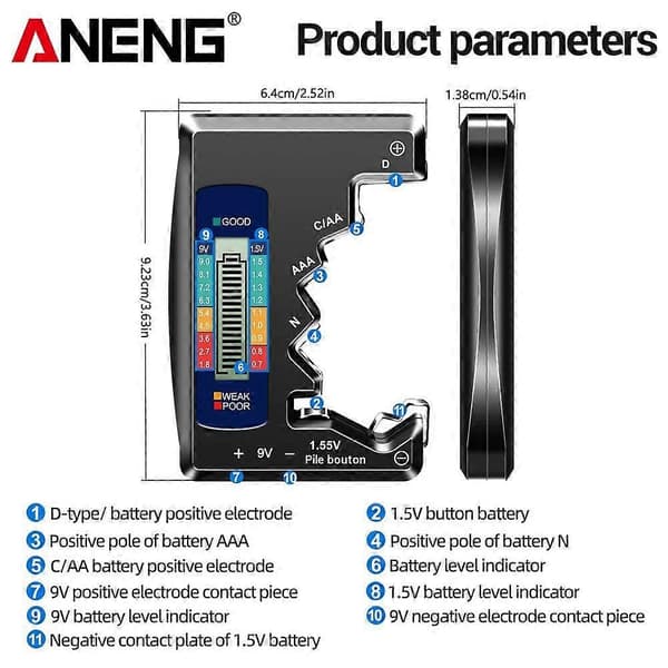Universal Digital Batteritester, LCD-display Spændingstester med Belastningsanalysator, Farvekodede Resultater (God/Svag/Dårlig), til AA AAA D N 9V 1.55V Knapcelle
