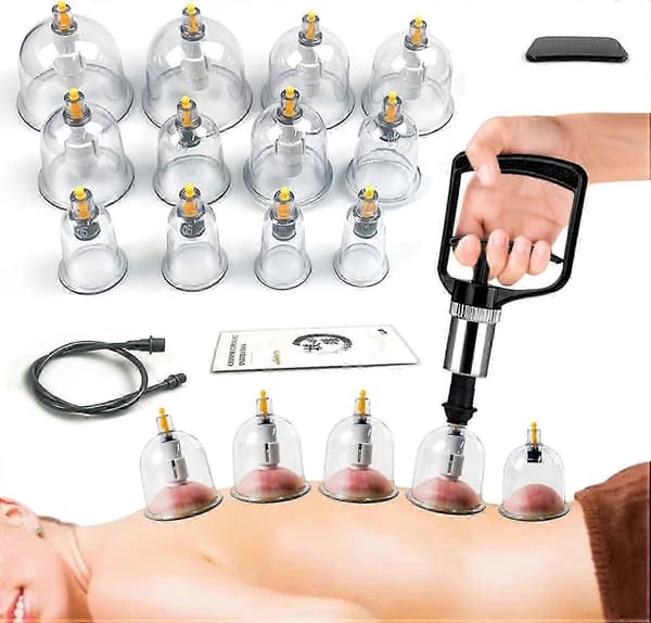 Cupping Terapi Sæt m/ 12 Massagekopper til Lindring af Rygsmerter Fysioterapi med Håndpumpe (Sort Håndpumpe, 12 KOPPER)