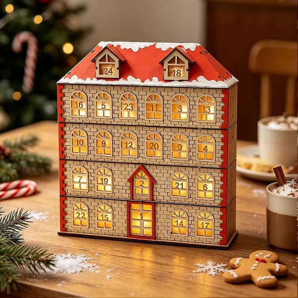 LED-belyst julekalender med 24 oppbevaringsskuffer for nedtelling til jul