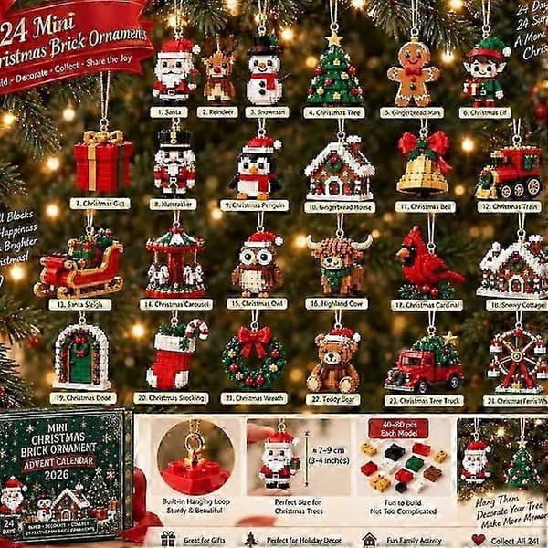 Mini julepynt julekalender, 24-dages nedtælling med 24 minifigurer og juletræspynt