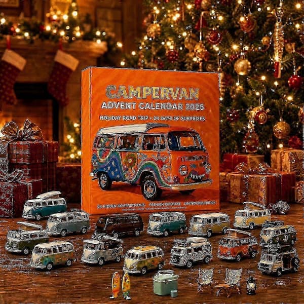 2026 Campervan Julekalender med 24 flade akryl-samleobjekter, jule-nedtællingsgave til campingentusiaster