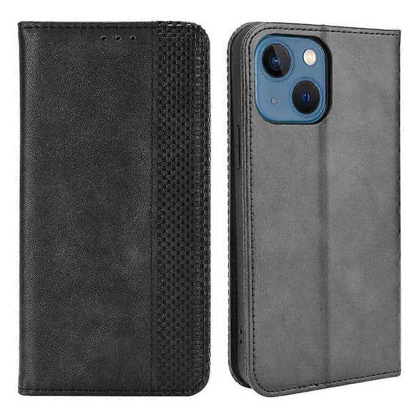 Magnetisk autoabsorberad PU-læderpungstativ Flip Cover Case til iPhone 13 6.1 tommer - Sort