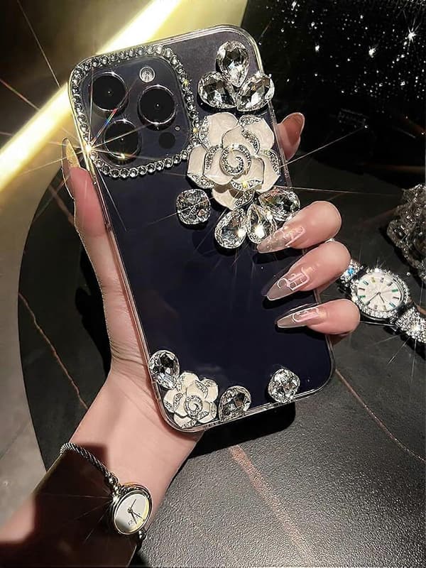 (Vit) för iPhone 16 Plus Blomfodral, Flickor Kvinnor 3D Lyx Bling Glitter Diamant Kristall Strass Blomskyddsfodral för iPhone