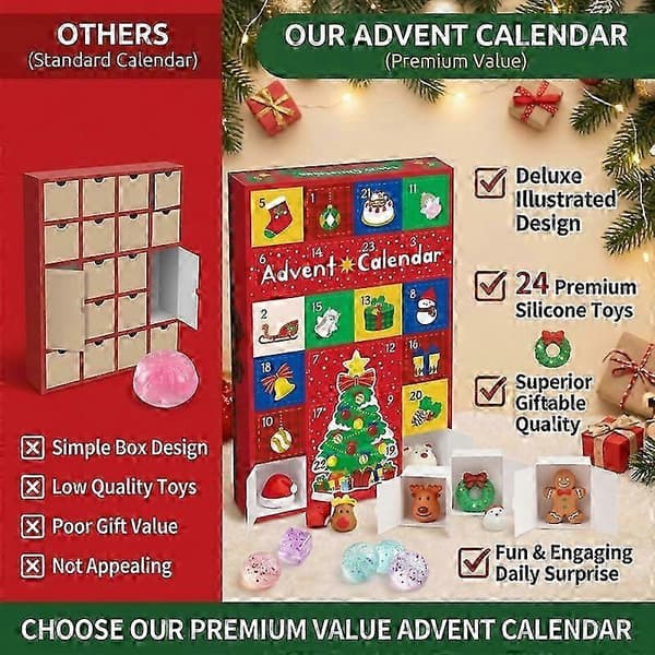 24 stk. jule-adventskalender blind box med blandet glitrende mini squishy jule-stresslegetøj til nedtælling til jul - gave til børn