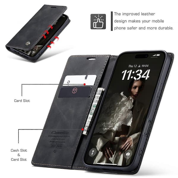Multifunktionellt telefonfodral i läder för iPhone 16