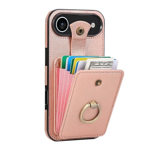 For iPhone 17 Air-deksel kortholder ringstativ TPU PU-skinntelefondeksel med lang stropp