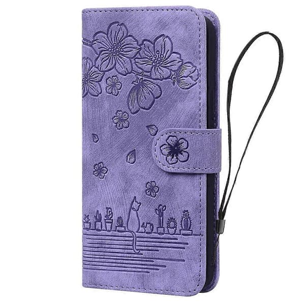 Compatible For iPhone 17 Air Case Cherry Blossom Cat Embossed Leather Phone Cover With Wrist Strap