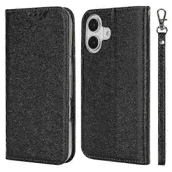 Magnetiskt vikbart telefonfodral för iPhone 16 PU-läder med silkestextur och kortplats
