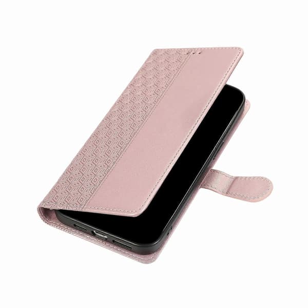 For iPhone 17 Air-deksel Spleiset preget rombe skinntelefondeksel med håndleddsstropp - Rosegull
