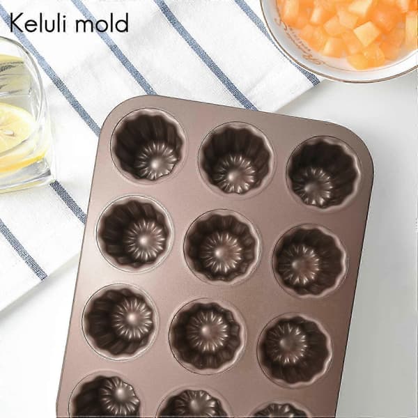 Caneléform kakeform, 12-hulls non-stick Canelé muffins bakeform cupcakeform for ovnsbaking (Champagne Gold)
