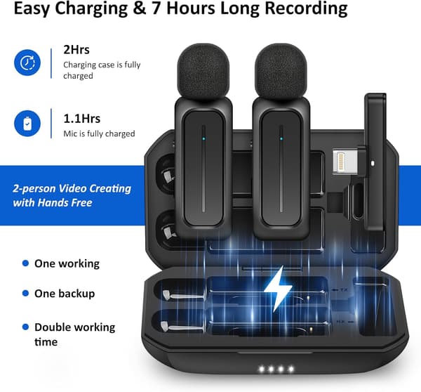 Trådløs Lavalier-mikrofon til iPhone Android med opladningsetui 7H Clip-on Reversmikrofon Trådløs til Videooptagelse Vlogging, 3 Tilstande Støjreduktion