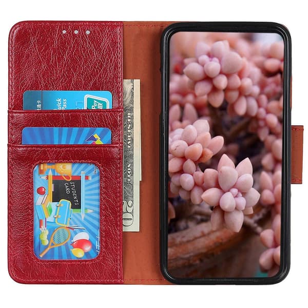 Til iPhone 16 Pro Max etui Nappa tekstur splitlæder cover med pungstativ - Rød