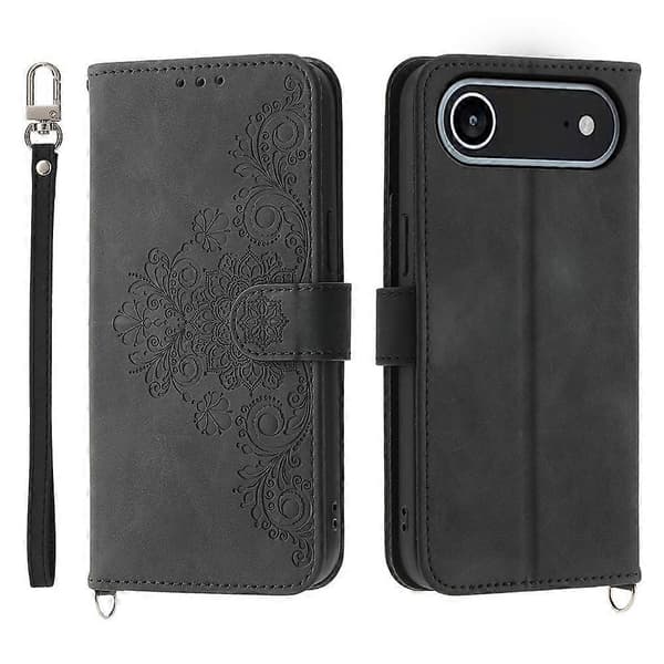 Compatible For iPhone 17 Air Case Flower Pattern PU Leather Wallet Phone Cover With Strap