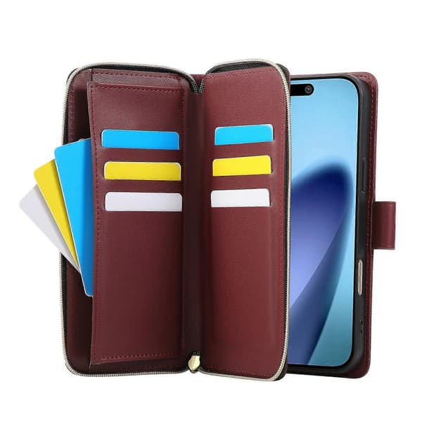 Til iPhone 17 Air Etui 9 Kortpladser Lynlåslomme PU Læder Cover med Håndledsrem - Vinrød