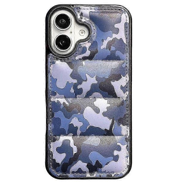 För iPhone 16 Plus Fodral Camo Puffer Jacket Läder TPU 3D Skyddsfodral - Blå