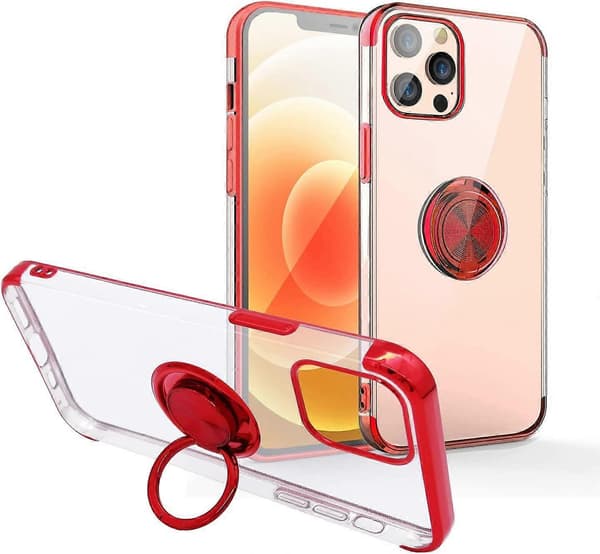 Gjennomsiktig deksel med fingerringholderdesign for iPhone 13-serien (iPhone 13 Pro Max-rød)