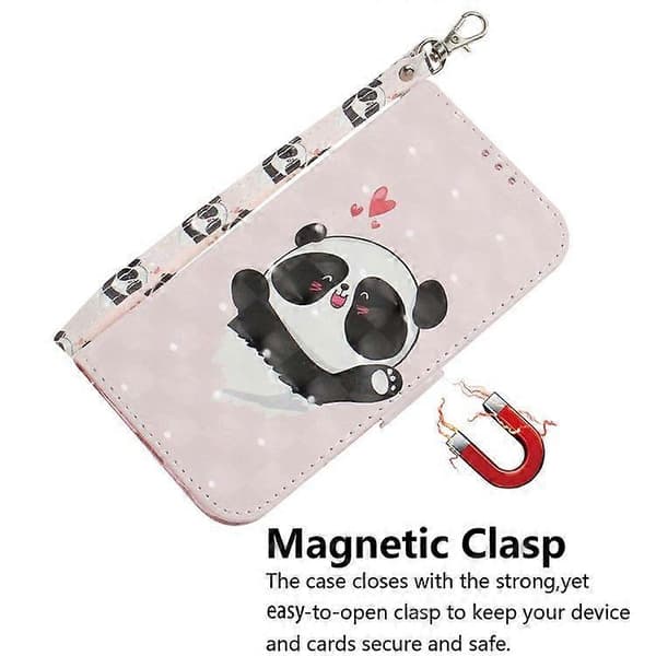 Til Google Pixel 9a etui med mønstertryk i læderpung med håndledsrem (Kærlighedshjerte Panda)