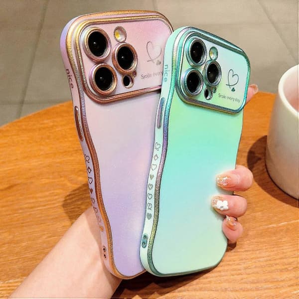 Til iPhone 15 Pro Max etui krøllet form kærlighed hjerte TPU telefoncover iriserende gradient (stil C)