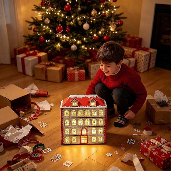 LED-belyst julekalender som hus med 24 oppbevaringsskuffer for julepynt