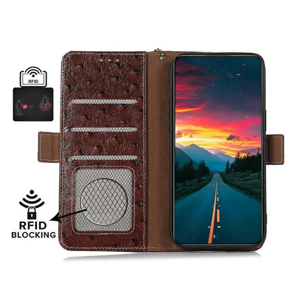 Til iPhone 17 Air Cover RFID Blokerende Ægte Koskind Telefoncover Strudsetekstur - Kaffe