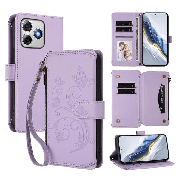 Fjäril Kärlek Blomma Multi-kort Dragkedja Plånbok Läder Telefonfodral (För Ulefone Note 18 Ultra / Note 18 Pro)