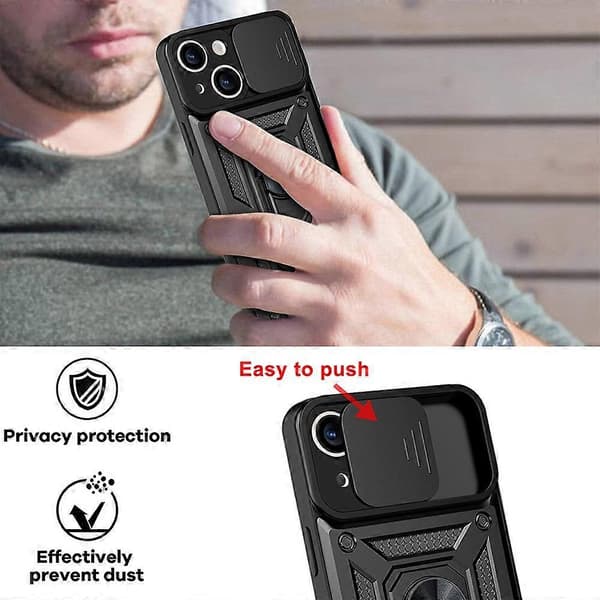 Full Protective Camera Slide Phone Case Back Shell med Kickstand för iPhone 13 6.1 tum
