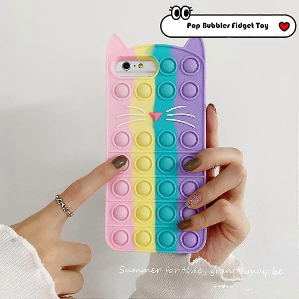 Pop Rainbow Cat telefondeksel til iPhone 13, søt stil Kawaii Rainbow Cat Pop Fidget silikon telefondeksel til jenter og barn iPhone-deksel