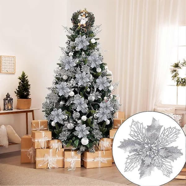 Julejulestjerne 10 stk. kunstige juleblomster røde juleblomster juleblomsterdekorasjon 16 cm juleblomsterpynt med glitter