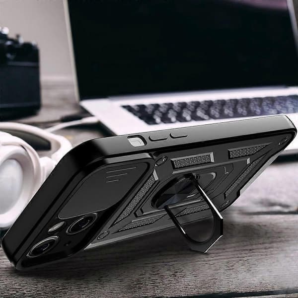 Full Protective Camera Slide Phone Case Back Shell med Kickstand för iPhone 13 6.1 tum