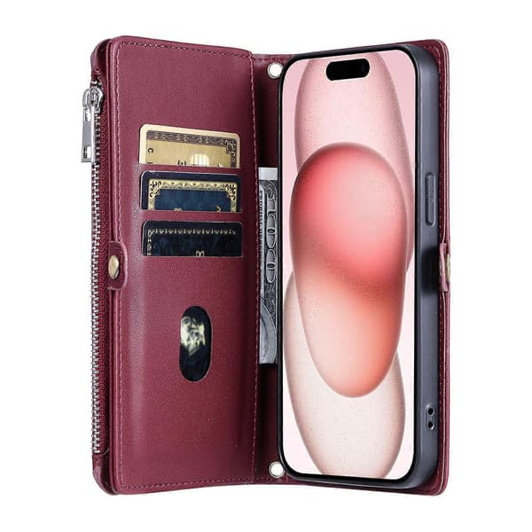 För iPhone 17 Air Fodral TPU+PU Läder Plånboksfodral med Handledsrem - Vinröd