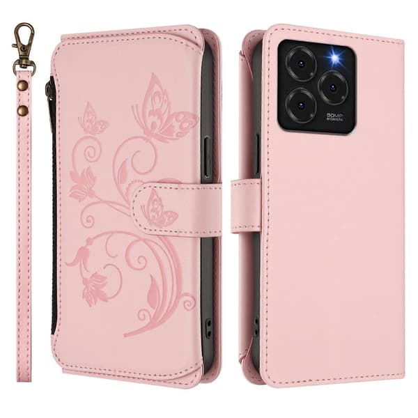 Fjäril Kärlek Blomma Multi-kort Dragkedja Plånbok Läder Telefonfodral (För Ulefone Note 20 Pro)