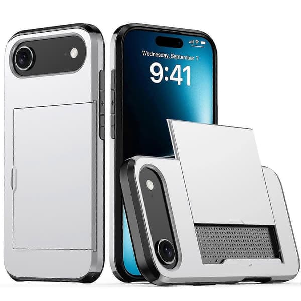 For iPhone 17 Air Case with Card Holder TPU + PC Phone Back Cover - Silver