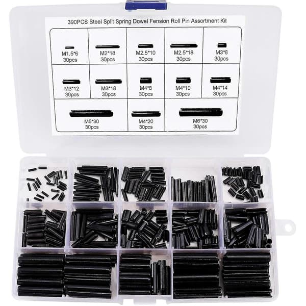 390 stk. manganstål dyvelstift sortiment sett M1.5 M2 M2.5 M3 M4 M5 M6 med boks
