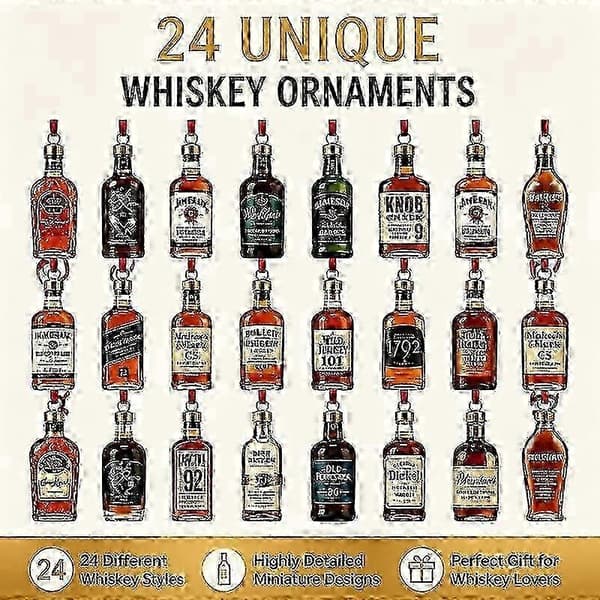 2D Whisky Julekalender 2026, 24-dages jule-nedtælling med miniatureflaske-pynt, samlergave til whiskyelskere