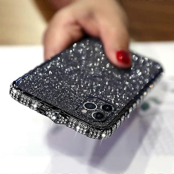 Til iPhone 13 Pro Max Diamond Rhinestone etui til kvinder med skinnende metal Bumper Frame Edge Case (sort)