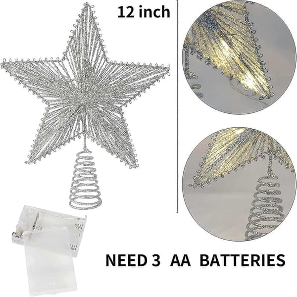 Sølvglitrende juletopstjerne, 12 tommer jule-topstjerne i metal med 10 LED-lys til indendørs og udendørs julepynt