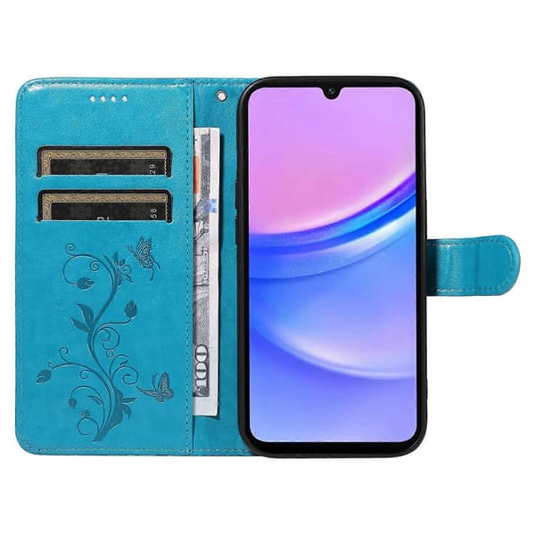 För Samsung Galaxy A17 5G PU-läderfodral Blomstermönster Plånboksställ Telefonfodral (Blå, Blå)
