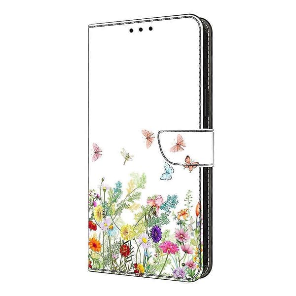 Läderfodral med mönstertryck, plånboksställ, flip-telefonfodral för iPhone 16e (Blommor och gräs)
