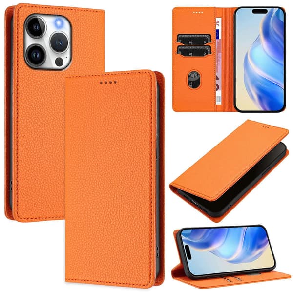 Kompatibelt plånboksfodral för iPhone 15 Pro RFID Litchi Textur Läder Mobilskal (Orange)