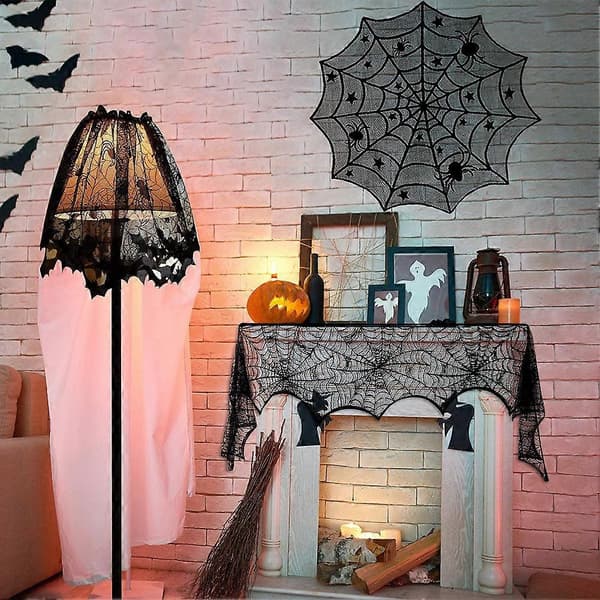 Halloween Dekorationer Dug Løber Sort Blonde Rund Edderkoppespind Borddækning Pejs Kappe Edderkoppespind Pejs