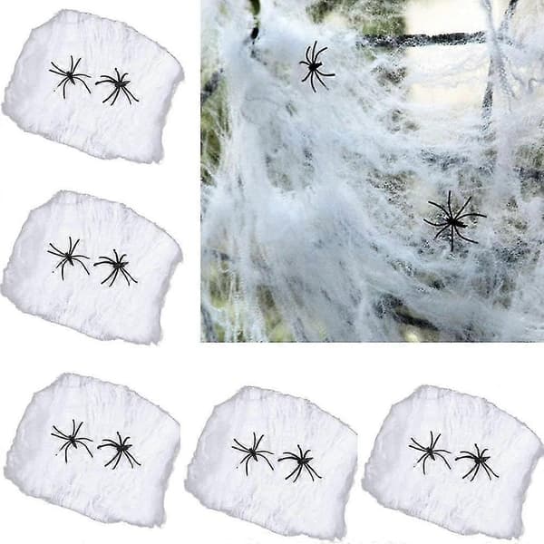 5 sett Halloween spindelvevdekorasjon med 2 edderkopper (hvit)