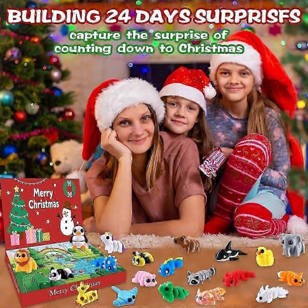 Fleksible 3D-minidyr med bevegelige ledd for sensorisk lek, 24-dagers julekalender, blindboks-gave til barn