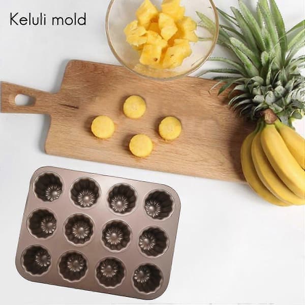 Canele form kageform, 12-hulrums non-stick Cannele muffin bageform cupcakeform til ovnbagning (Champagne guld)