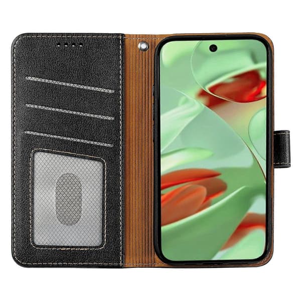 Plånboksfodral för Google Pixel 9 Pro/ Pixel 9, lädertextur med litchi, magnetlås (Svart)