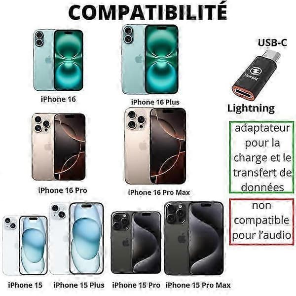 Erä 2 sovitinta iPhone 16 / iPhone 16 PLUS / iPhone 16 PRO / iPhone 16 PRO MAX - USB-C - Ligh