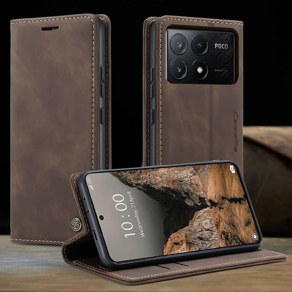 Plånboksfodral i PU-läder med stativ för Xiaomi Poco X6 Pro 5G (Kaffe)