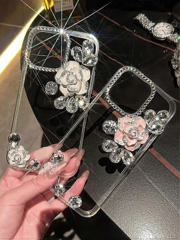 (Vit) för iPhone 16 Plus Blomfodral, Flickor Kvinnor 3D Lyx Bling Glitter Diamant Kristall Strass Blomskyddsfodral för iPhone