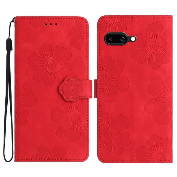Blomsterpräglat läderfodral för Google Pixel 9a (Röd)