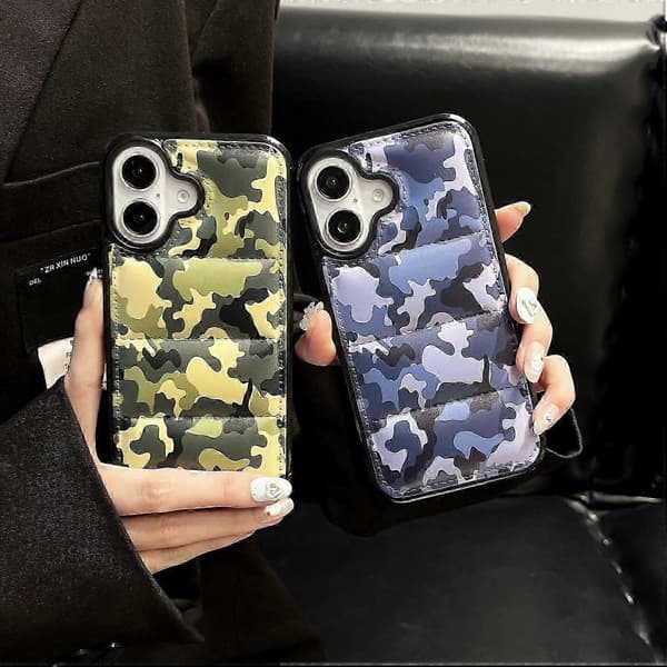 För iPhone 16 Plus Fodral Camo Puffer Jacket Läder TPU 3D Skyddsfodral - Blå