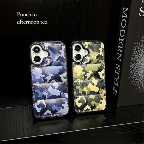 För iPhone 16 Plus Fodral Camo Puffer Jacket Läder TPU 3D Skyddsfodral - Blå